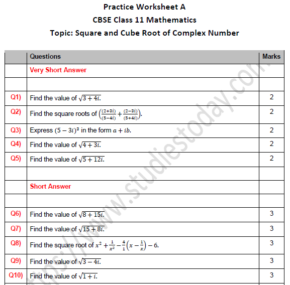 cbse-class-11-maths-square-and-cube-root-of-complex-number-worksheet-set-a